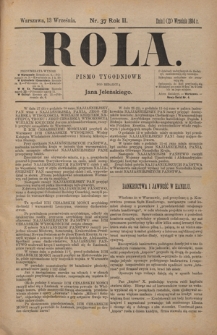 Rola : pismo tygodniowe / pod redakcyą Jana Jeleńskiego. R. 2, nr 37 (1 (13) września 1884)
