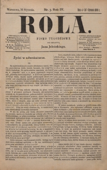 Rola : pismo tygodniowe / pod redakcyą Jana Jeleńskiego. R. 4, nr 3 (4 (16) stycznia 1886)