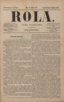 Rola : pismo tygodniowe / pod redakcyą Jana Jeleńskiego. R. 4, nr 6 (25 stycznia (6 lutego) 1886)