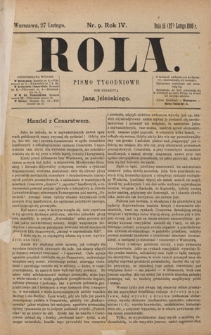 Rola : pismo tygodniowe / pod redakcyą Jana Jeleńskiego. R. 4, nr 9 (15 (27) lutego 1886)