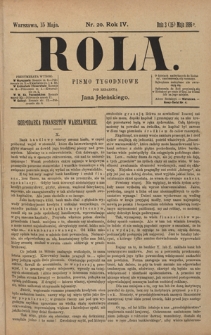 Rola : pismo tygodniowe / pod redakcyą Jana Jeleńskiego. R. 4, nr 20 (3 (15) maja 1886)