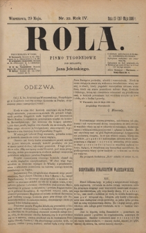 Rola : pismo tygodniowe / pod redakcyą Jana Jeleńskiego. R. 4, nr 22 (17 (29) maja 1886)