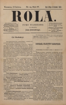 Rola : pismo tygodniowe / pod redakcyą Jana Jeleńskiego. R. 4, nr 24 (31 maja (12 czerwca) 1886)