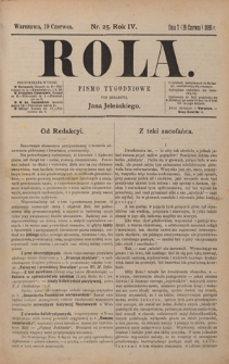 Rola : pismo tygodniowe / pod redakcyą Jana Jeleńskiego. R. 4, nr 25 (7 (19) czerwca 1886)
