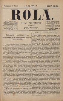 Rola : pismo tygodniowe / pod redakcyą Jana Jeleńskiego. R. 4, nr 29 (5 (17) lipca 1886)