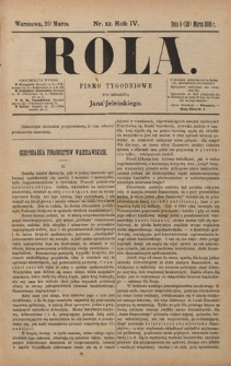 Rola : pismo tygodniowe / pod redakcyą Jana Jeleńskiego. R. 4, nr 12 (8 (20) marca 1886) + dodatek