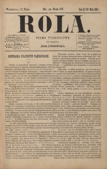 Rola : pismo tygodniowe / pod redakcyą Jana Jeleńskiego. R. 4, nr 21 (10 (22) maja 1886) + dodatek