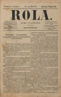 Rola : pismo tygodniowe / pod redakcyą Jana Jeleńskiego. R. 4, nr 32 (26 lipca (7 sierpnia) 1886)