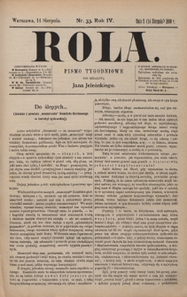 Rola : pismo tygodniowe / pod redakcyą Jana Jeleńskiego. R. 4, nr 33 (2 (14) sierpnia 1886)