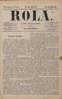 Rola : pismo tygodniowe / pod redakcyą Jana Jeleńskiego. R. 4, nr 34 (9 (21) sierpnia 1886)
