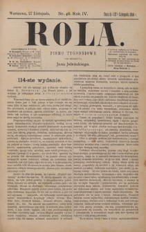Rola : pismo tygodniowe / pod redakcyą Jana Jeleńskiego. R. 4, nr 48 (15 (27) listopada 1886)