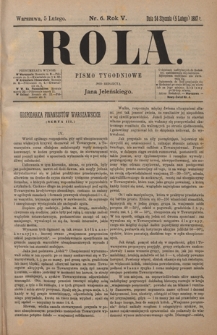 Rola : pismo tygodniowe / pod redakcyą Jana Jeleńskiego R. 5, Nr 6 (24 stycznia/5 lutego 1887)