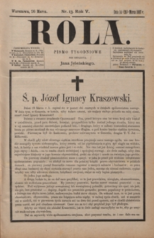 Rola : pismo tygodniowe / pod redakcyą Jana Jeleńskiego R. 5, Nr 13 (14/26 marca 1887)