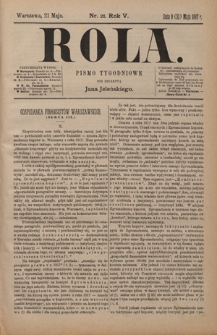 Rola : pismo tygodniowe / pod redakcyą Jana Jeleńskiego R. 5, Nr 21 (9/21 maja 1887)