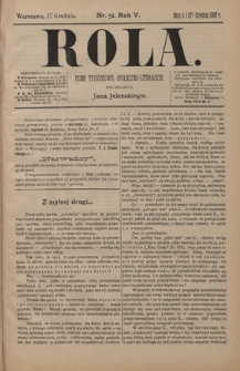 Rola : pismo tygodniowe / pod redakcyą Jana Jeleńskiego R. 5, Nr 51 (5/17 grudnia 1887)