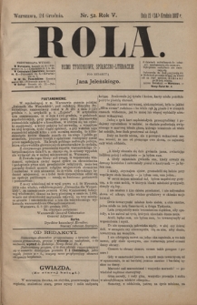 Rola : pismo tygodniowe / pod redakcyą Jana Jeleńskiego R. 5, Nr 52 (12/24 grudnia 1887)