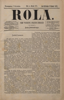 Rola : pismo tygodniowe, społeczno-literackie / pod red. Jana Jeleńskiego R. 6, Nr 1 (26 grudnia/7 stycznia 1887/1888)