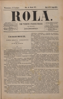 Rola : pismo tygodniowe, społeczno-literackie / pod red. Jana Jeleńskiego R. 6, Nr 8 (13/25 lutego 1888)