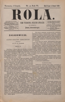 Rola : pismo tygodniowe, społeczno-literackie / pod red. Jana Jeleńskiego R. 6, Nr 31 (23 lipca/4 sierpnia 1888)