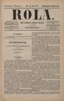 Rola : pismo tygodniowe, społeczno-literackie / pod red. Jana Jeleńskiego R. 6, Nr 36 (27 sierpnia/8 września 1888)