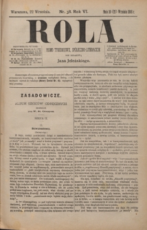 Rola : pismo tygodniowe, społeczno-literackie / pod red. Jana Jeleńskiego R. 6, Nr 38 (10/22 września 1888)