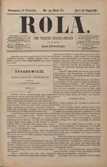 Rola : pismo tygodniowe, społeczno-literackie / pod red. Jana Jeleńskiego R. 6, Nr 39 (17/29 września 1888)