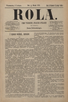 Rola : pismo tygodniowe, społeczno-literackie / pod red. Jana Jeleńskiego R. 7, Nr 5 (21 stycznia/2 lutego 1889)