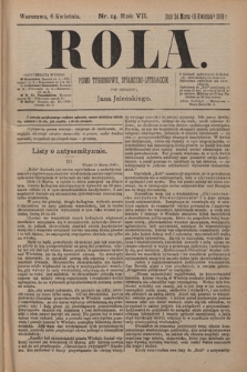 Rola : pismo tygodniowe, społeczno-literackie / pod red. Jana Jeleńskiego R. 7, Nr 14 (24 marca/6 kwietnia 1889)