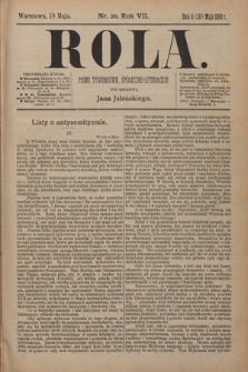 Rola : pismo tygodniowe, społeczno-literackie / pod red. Jana Jeleńskiego R. 7, Nr 20 (6/18 maja 1889)