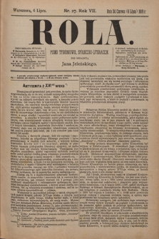 Rola : pismo tygodniowe, społeczno-literackie / pod red. Jana Jeleńskiego R. 7, Nr 27 (24 czerwca/6 lipca 1889)