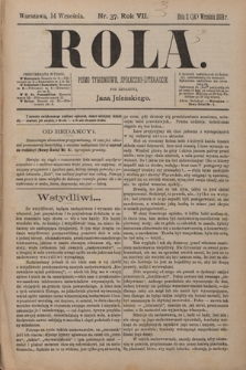 Rola : pismo tygodniowe, społeczno-literackie / pod red. Jana Jeleńskiego R. 7, Nr 37 (2/14 września 1889)