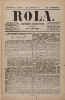 Rola : pismo tygodniowe, społeczno-literackie / pod red. Jana Jeleńskiego R. 8, Nr 3 (8/18 stycznia 1890)