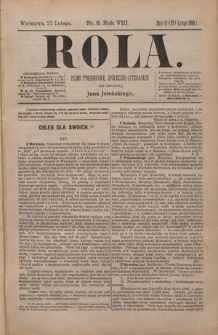 Rola : pismo tygodniowe, społeczno-literackie / pod red. Jana Jeleńskiego R. 8, Nr 8 (10/22 lutego 1890)
