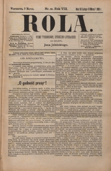Rola : pismo tygodniowe, społeczno-literackie / pod red. Jana Jeleńskiego R. 8, Nr 10 (24 lutego/8 marca 1890)