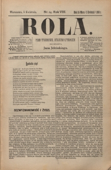 Rola : pismo tygodniowe, społeczno-literackie / pod red. Jana Jeleńskiego R. 8, Nr 14 (24 marca/5 kwietnia 1890)