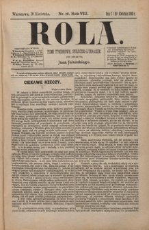 Rola : pismo tygodniowe, społeczno-literackie / pod red. Jana Jeleńskiego R. 8, Nr 16 (7/19 kwietnia 1890)