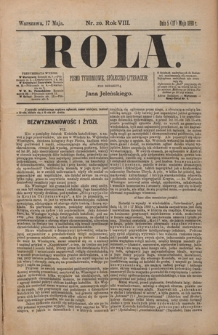 Rola : pismo tygodniowe, społeczno-literackie / pod red. Jana Jeleńskiego R. 8, Nr 20 (5/17 maja 1890)
