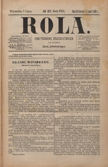 Rola : pismo tygodniowe, społeczno-literackie / pod red. Jana Jeleńskiego R. 8, Nr 27 (23 czerwca/5 lipca 1890)