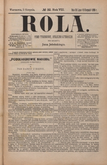 Rola : pismo tygodniowe, społeczno-literackie / pod red. Jana Jeleńskiego R. 8, Nr 32 (28 lipca/9 sierpnia 1890)