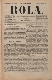 Rola : pismo tygodniowe, społeczno-literackie / pod red. Jana Jeleńskiego R. 8, Nr 37 (1/13 września 1890)