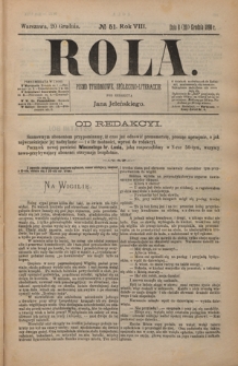 Rola : pismo tygodniowe, społeczno-literackie / pod red. Jana Jeleńskiego R. 8, Nr 51 (8/20 grudnia 1890)