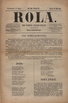 Rola : pismo tygodniowe, społeczno-literackie / pod red. Jana Jeleńskiego R. 9, Nr 22 (18/30 maja 1891)