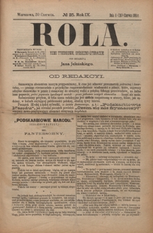 Rola : pismo tygodniowe, społeczno-literackie / pod red. Jana Jeleńskiego R. 9, Nr 25 (8/20 czerwca 1891)