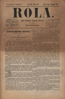 Rola : pismo tygodniowe, społeczno-literackie / pod red. Jana Jeleńskiego R. 9, Nr 32 (27 lipca/8 sierpnia 1891)