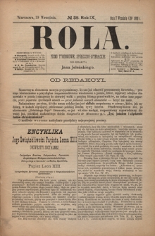 Rola : pismo tygodniowe, społeczno-literackie / pod red. Jana Jeleńskiego R. 9, Nr 38 (7/19 września 1891)