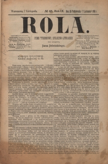 Rola : pismo tygodniowe, społeczno-literackie / pod red. Jana Jeleńskiego R. 9, Nr 45 (26 października/7 listopada 1891)