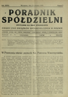 Poradnik Spółdzielni : dwutygodnik dla spraw spółdzielczych organ Unji Związków Spółdzielczych w Polsce. R. 36, nr 2 (15 stycznia 1929)