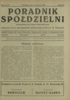 Poradnik Spółdzielni : dwutygodnik dla spraw spółdzielczych organ Unji Związków Spółdzielczych w Polsce. R. 36, nr 12 (15 czerwca 1929)