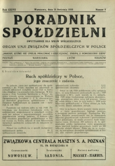 Poradnik Spółdzielni : dwutygodnik dla spraw spółdzielczych : organ Unji Związków Spółdzielczych w Polsce. R. 37, nr 8 (15 kwietnia 1930)