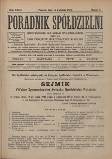 Poradnik Spółdzielni : dwutygodnik dla spraw spółdzielczych. R. 32, nr 8 (15 kwietnia 1925)